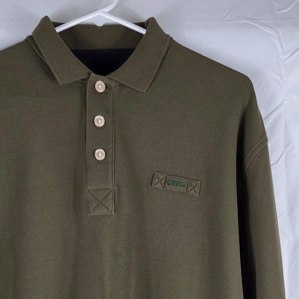 Orvis Mens Large Tall Olive Green Long Sleeve Polo Shirt Heavy Cotton